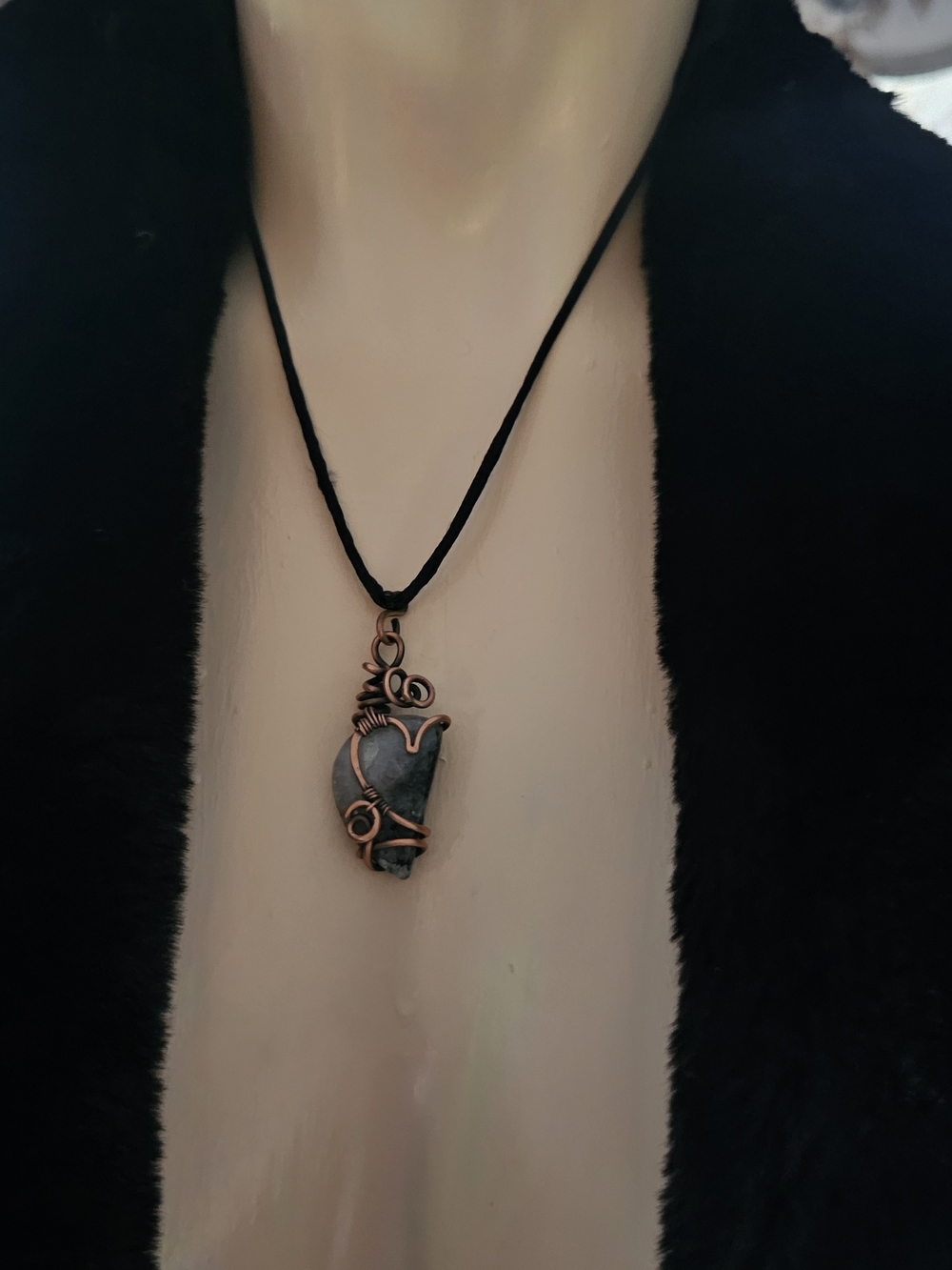 Handcrafted Black Stone and Copper Wire Wrapped Pendant Necklace(139)